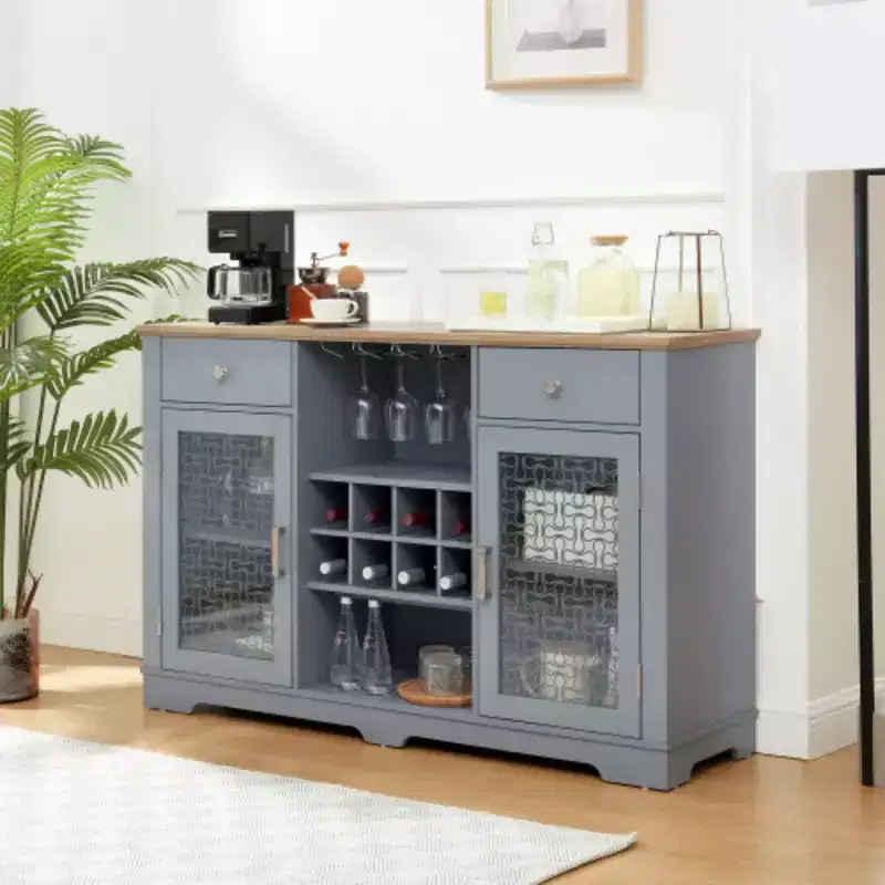 Modern Farmhouse Buffet Cabinet, Sideboard with 2 Drawers and Elegant Glass Door Cabinets, Wine and Glass Rack, Coffee Bar for Kitchen