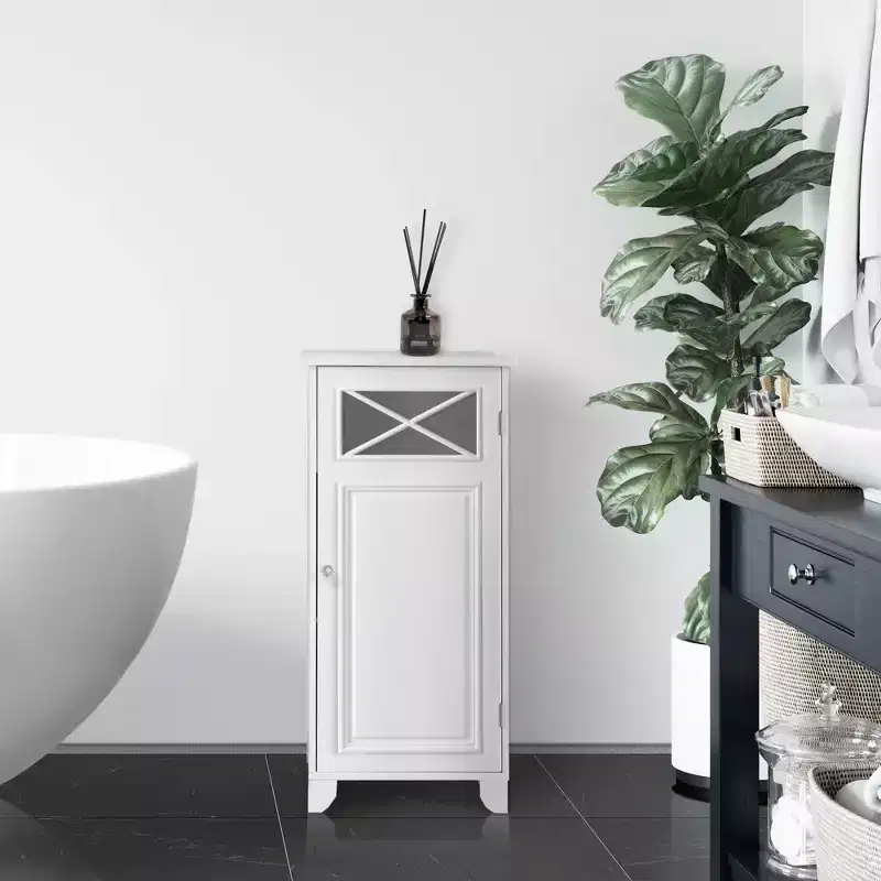 Freestanding Slim Floor Cabinet White Glass Door 3 Shelves
