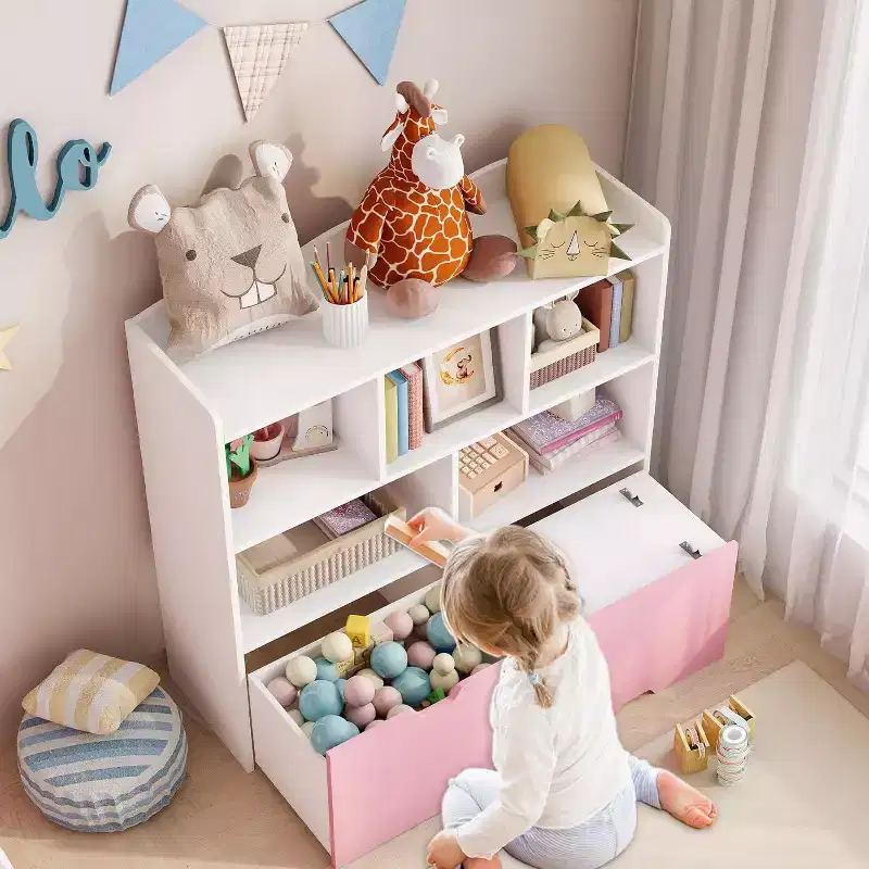 Toys Storage Organizer with Movable Drawers, Kids Bookshelf with Hidden Wheels and 5 Open Cubbies, Multifunctional Floor Storage Chest for Playroom