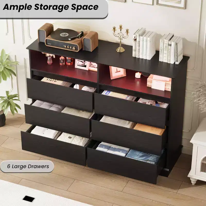 Dresser for Bedroom, 6 Drawer Dresser, Wide Chest of 6 Drawers with Open Space, Modern Large Capacity Storage Cabinet, Living Room, Hallway