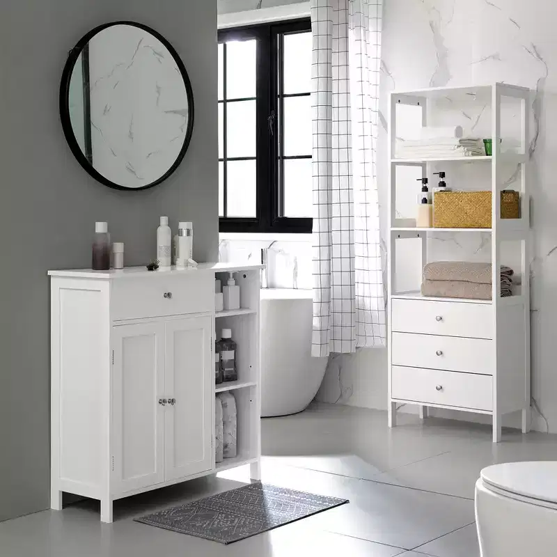 VASAGLE Cabinet Floor Cabinet, Freestanding Storage Cabinet with Drawer, 3 Open Compartments, Adjustable Shelves,Matte White