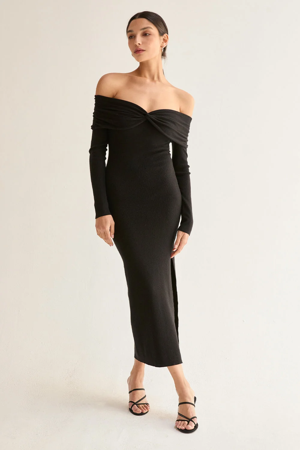 Off Shoulder Sweater Dress Long Sleeve Knit Midi Dress