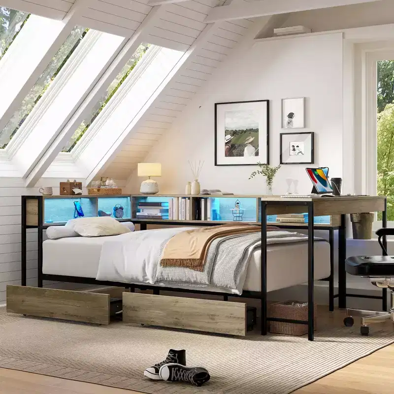 GDFStudio Kelsen Modern Corner Bed Frame with Bookcase and 2 Underbed Storage Drawers