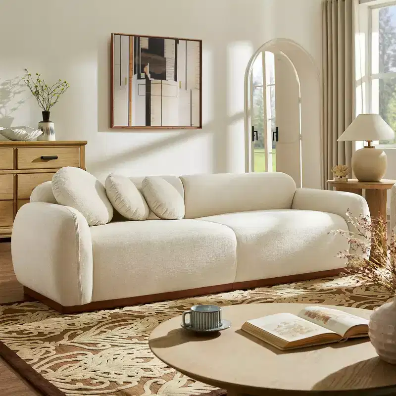 Cream White Curved Chenille Sofa, 3-Seater