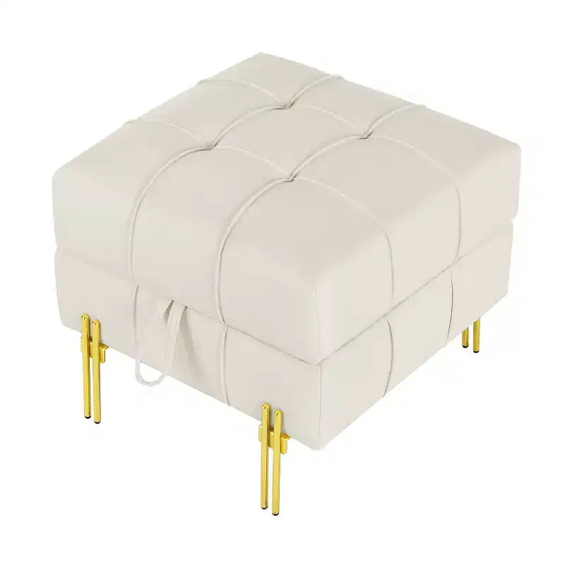 Beige Square Tufted Storage Ottoman with Gold Legs – Single Seat