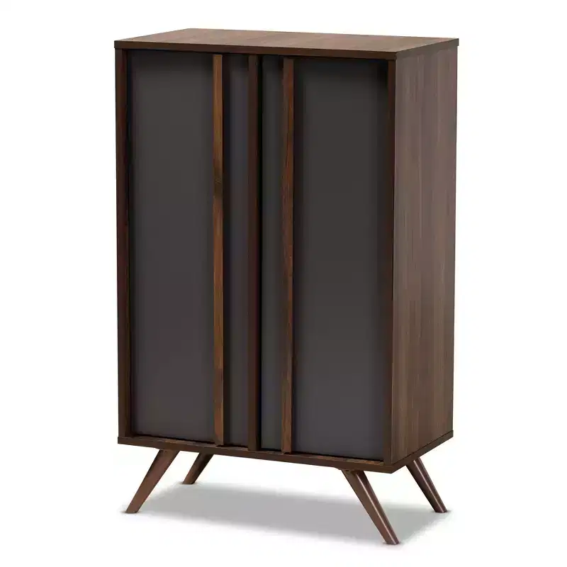 2 Door Naoki Two-Tone Wood Shoe Cabinet Gray/Walnut - Baxton Studio: Storage for Entryway, Holds 15 Pairs