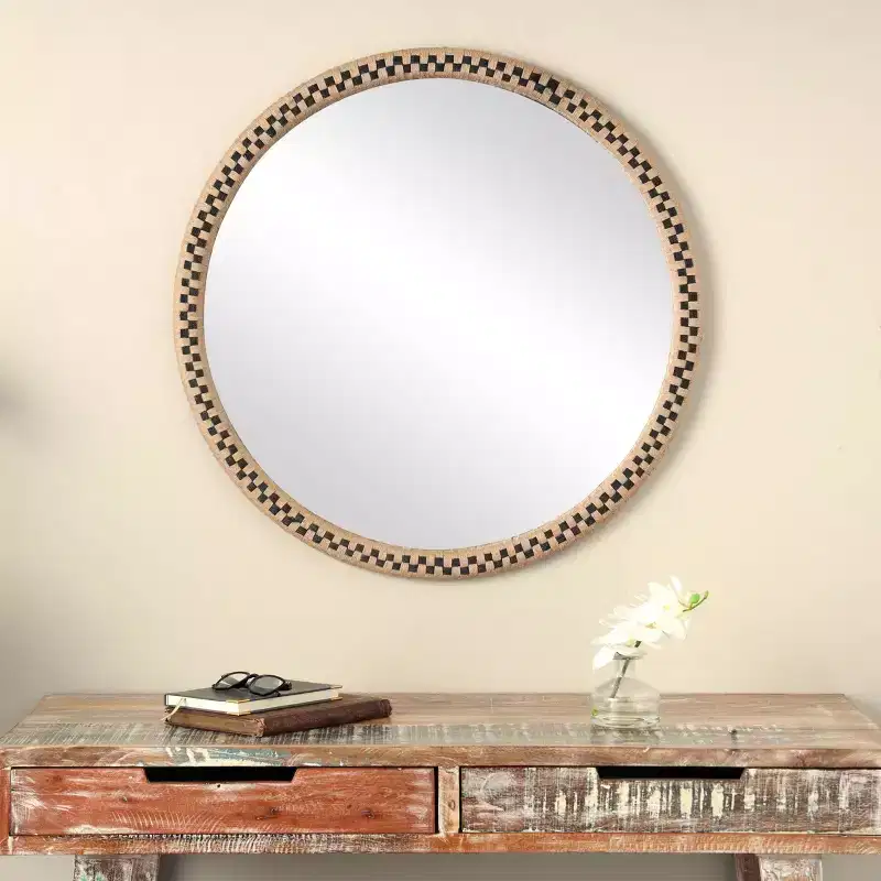32x32 Wooden Handmade Woven Checkered Wall Mirror Brown - Olivia & May