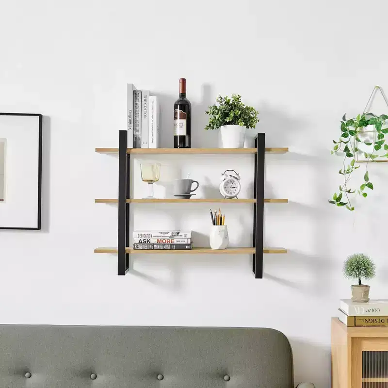 35.5" x 31.5" 3 Tier Floating Bracket Wall Shelf Chestnut: Mid-Century Modern MDF & Iron Storage