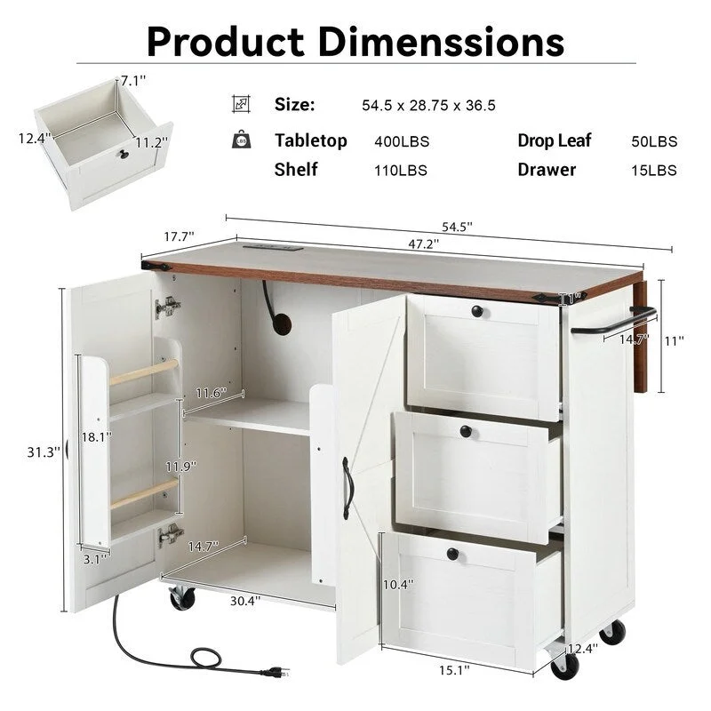Farmhouse Kitchen Island with Power Outlet, Drop Leaf, Rolling Kitchen Cart