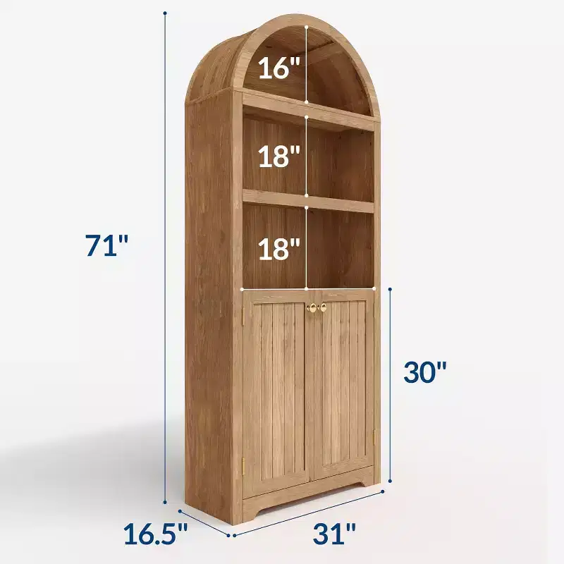 72 in Modern White Arched Cabinet - 5-Tier Wooden Pantry Double Doors Adjustable Shelf Black Handles, Freestanding Bookcase for Living Room