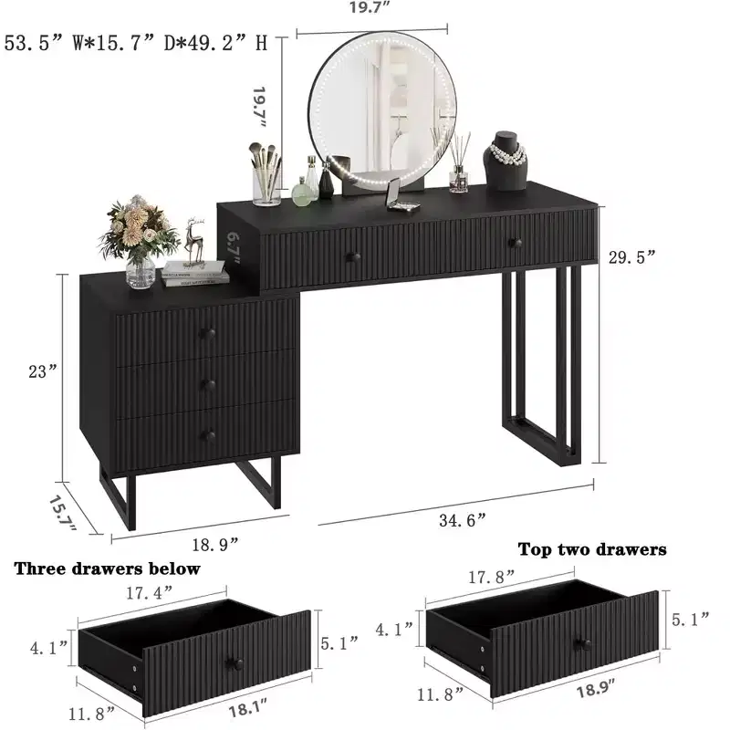 GustoWave Vanity Desk with Mirror and Lights, Small Makeup Vanity with 5 Drawers for Bedroom, Makeup Vanity Organizer with 3 Color Lights