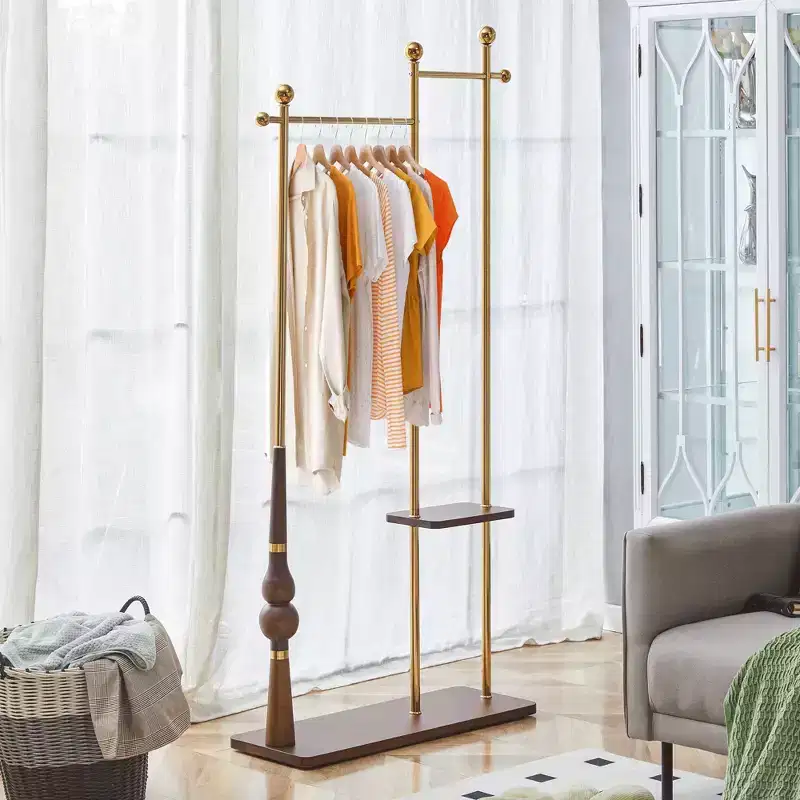 Hall Tree with Wooden Shelves and Stainless Steel Frame, Industrial Coat Rack with Elegant Design, Coat Tree for Living Room, Bedroom, Gold