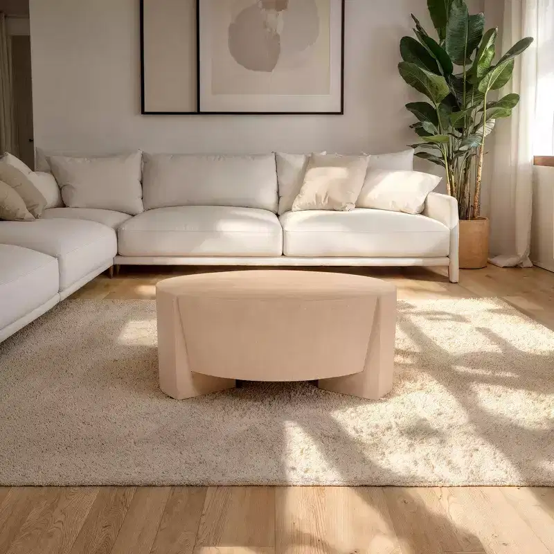 Royal Hampton 35 Inch Round Drum Coffee Table with 3-Leg Base, Sandblasted Mango Wood