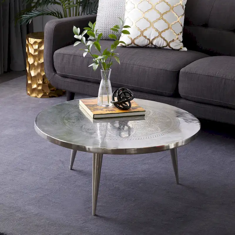 Aluminum Metal Floral Engraved Coffee Table with Tripod Legs - Silver - Roche River Decor - 35Wx35Lx16H