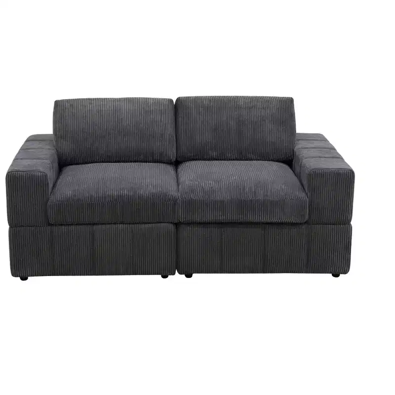 Gray Corduroy Living Room Double Armrests 2-Piece Loveseat Sofa