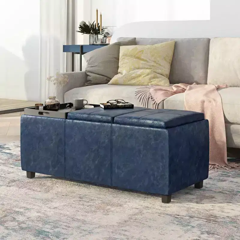 Red Faux Leather Rectangular Storage Ottoman with 3 Flip-Top Trays – Seats 1