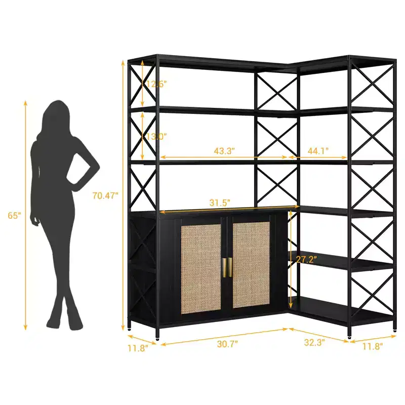 Corner Bookshelf - 6 Tier Corner Book Shelf with Storage, Farmhouse L Shaped Book-Shelf with Cabinet, Modern Industrial Bookcase for Home Office
