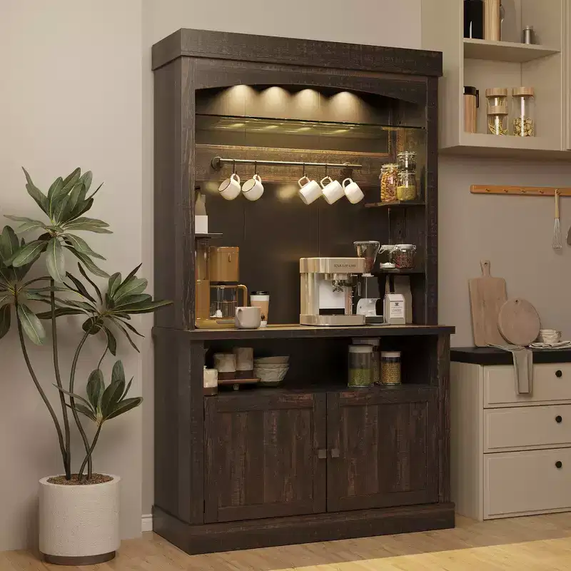 COZONY 72 Tall Coffee Bar Cabinet with LED Lights, Farmhouse Buffet Cabinet with Storage, Wine Rack & Microwave Stand for Kitchen Dining Room