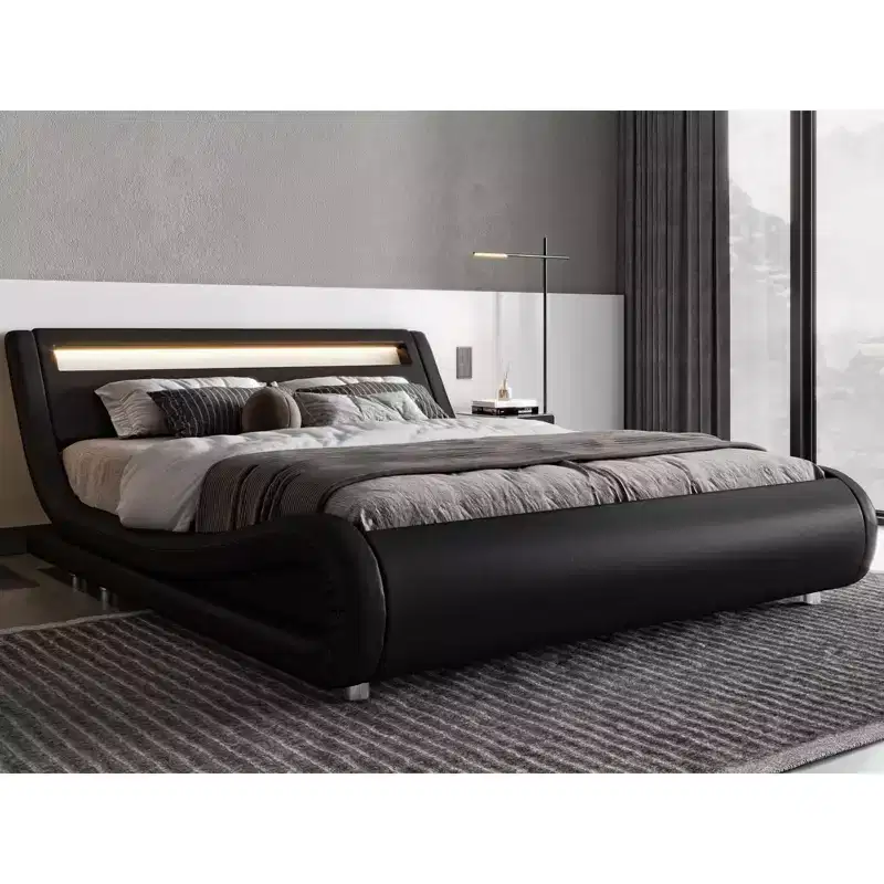 Allewie LED Platform Bed Frame with Adjustable Headboard/No Box Spring Need/Easy Assembly/Faux Leather in White and Black