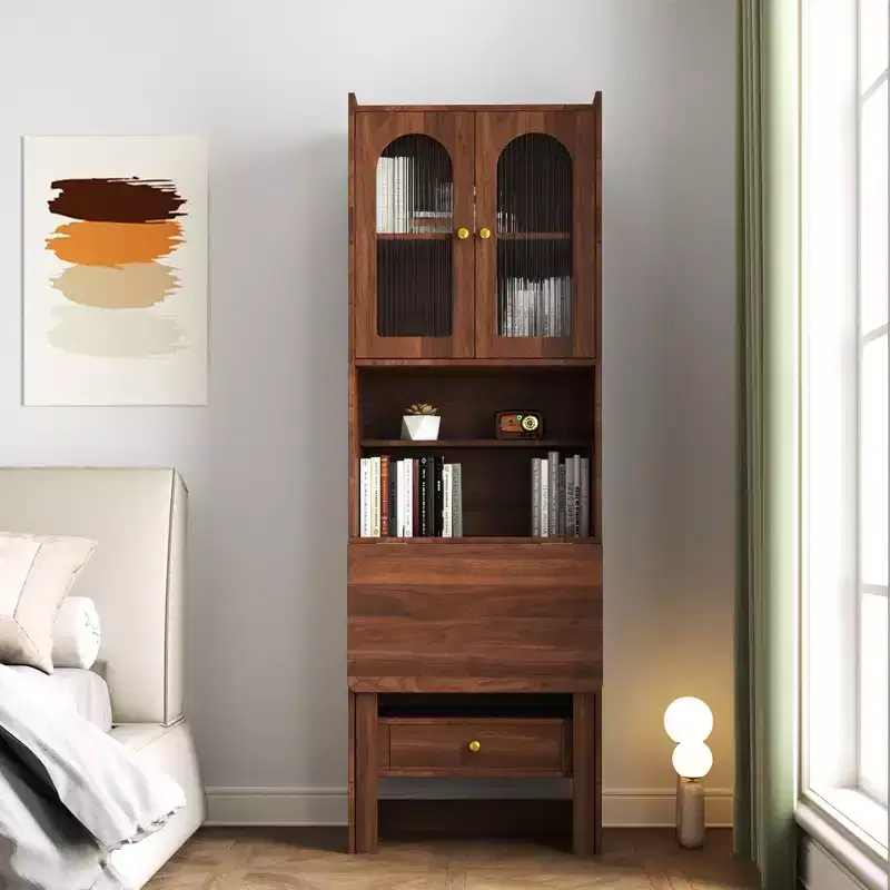 Walnut Fold-Out Wall Desk with Cabinet, 1 Drawer & 2 Glass Doors, Single-Person