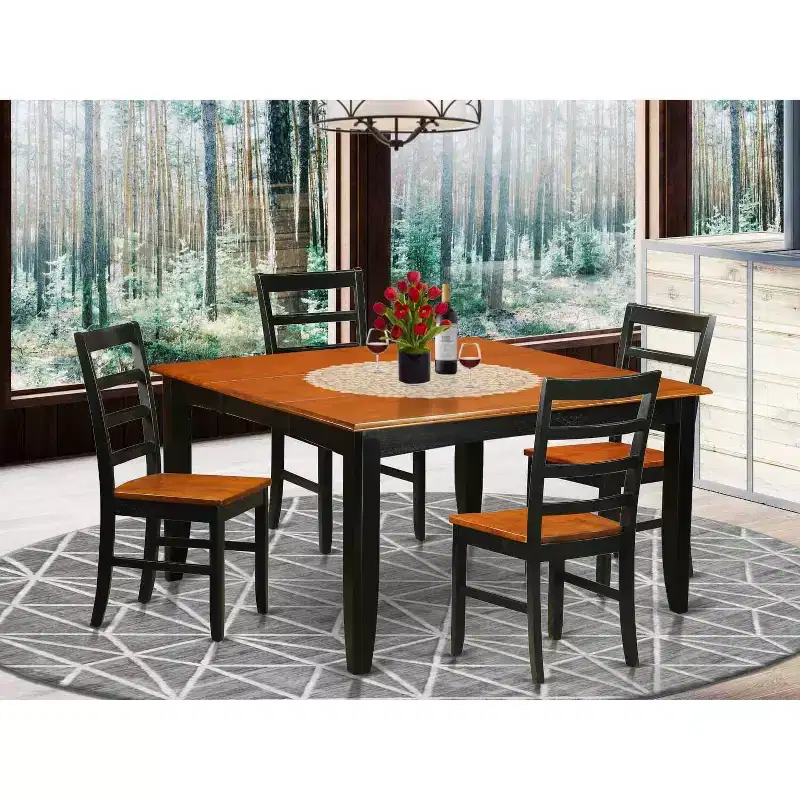 HomeStock 5-Piece Square Black Finish Solid Wood Top Dining table with 4-Chairs