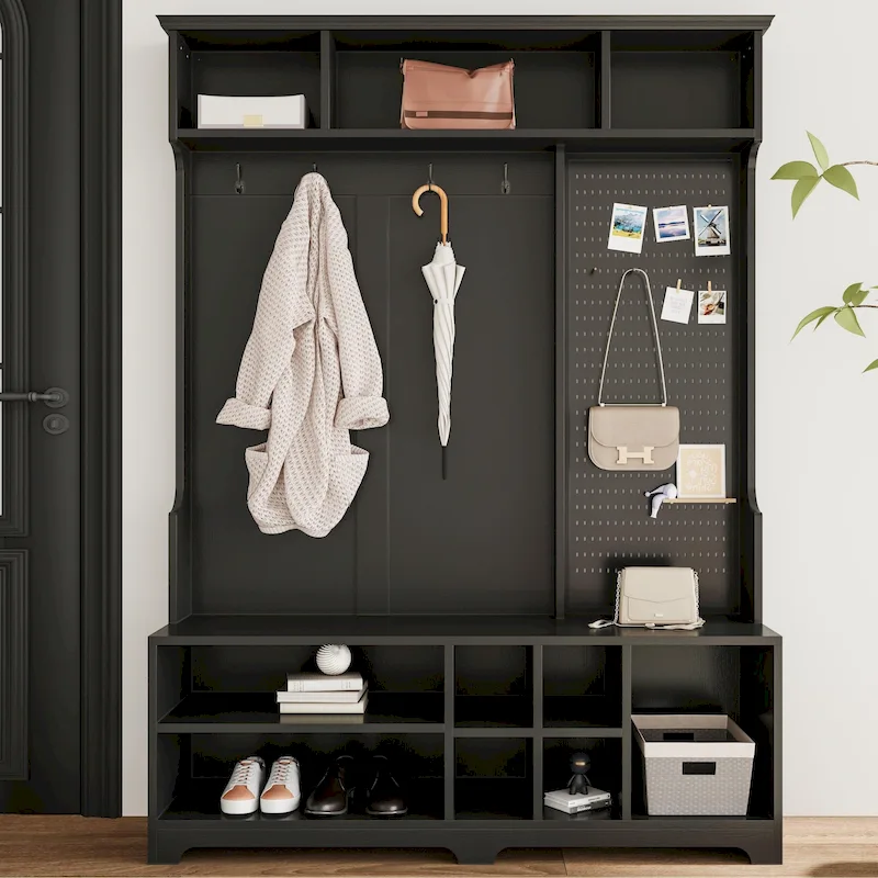 5-in-1 Entryway Hall Tree with Shoe Bench, Coat Rack, Pegboard & Storage Cabinets, MDF 57.5x15x77