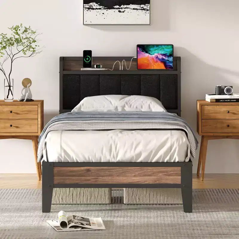 Lusimo Bed Frame Twin XL Upholstered Platform Bed with Storage Headboard and Charging Station