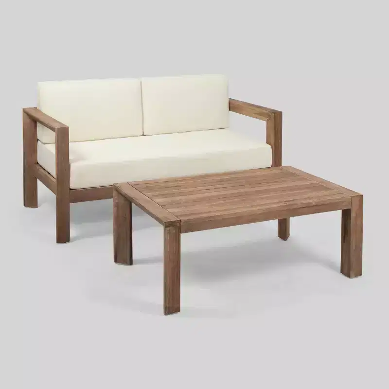 2pc Genser Wooden Patio Loveseat and Coffee Table Set Brown - Christopher Knight Home: Acacia Outdoor Seating Set with Cushions