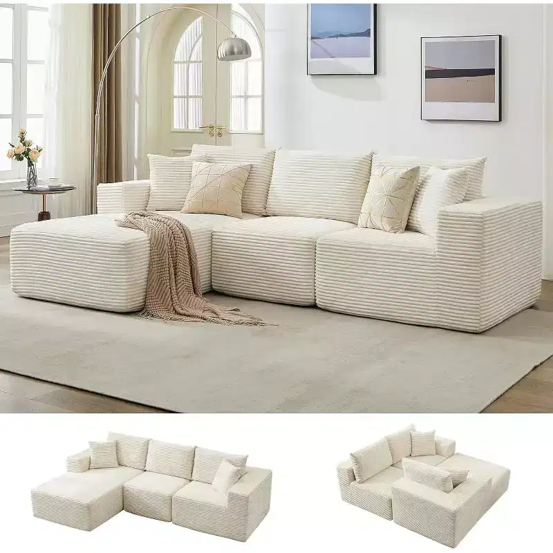 Sectional Sofa - L Shaped Boneless Cloud Couch with 67.5 Chaise, Reversible L/R Facing, No Assembly Required, Corduroy Fabric