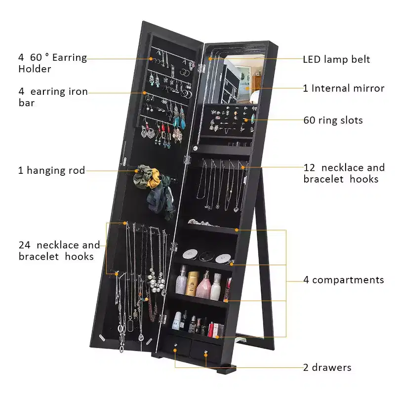 Karl Home Mirror Jewelry Cabinet Armoire, Freestanding Lockable Storage Organizer