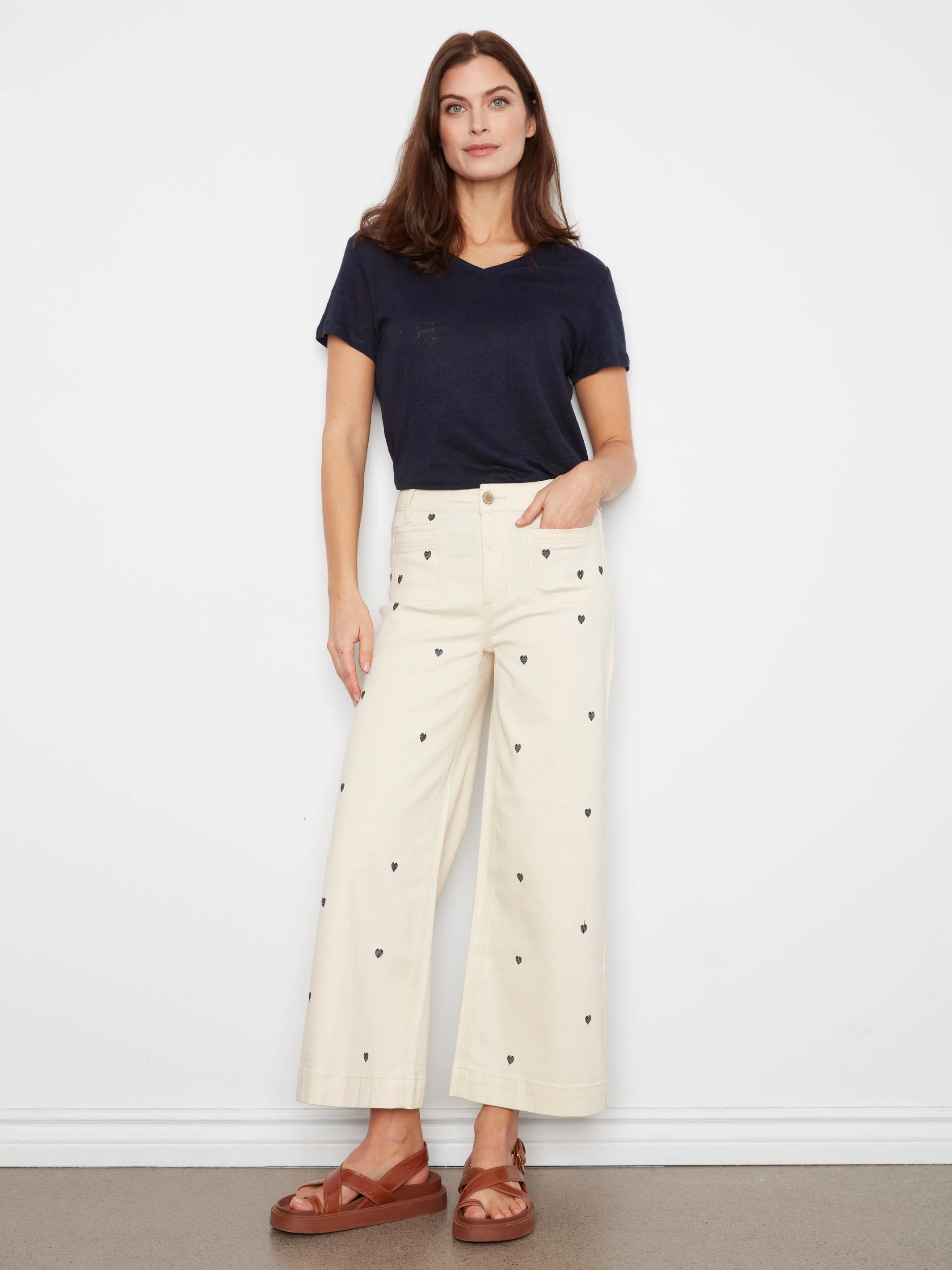 Embroidered Cropped Patch Pocket Flare Twill Pants - Natural