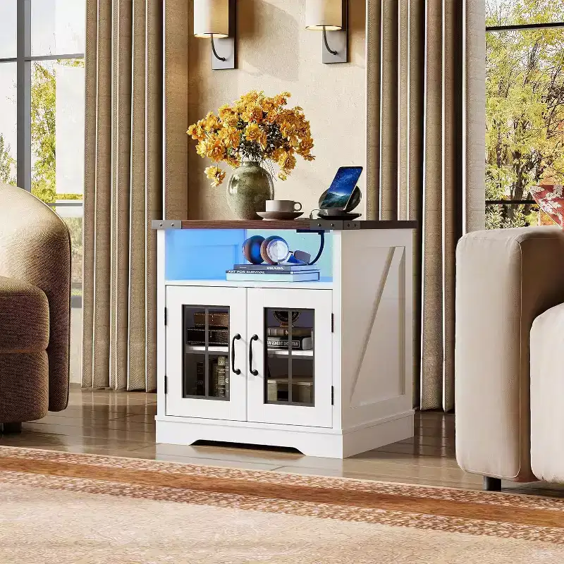 Farmhouse Style Side Table with Charging Station, LED Nightstand with Adjustable Storage Shelf for Living Room, Bedroom, Office, Espresso