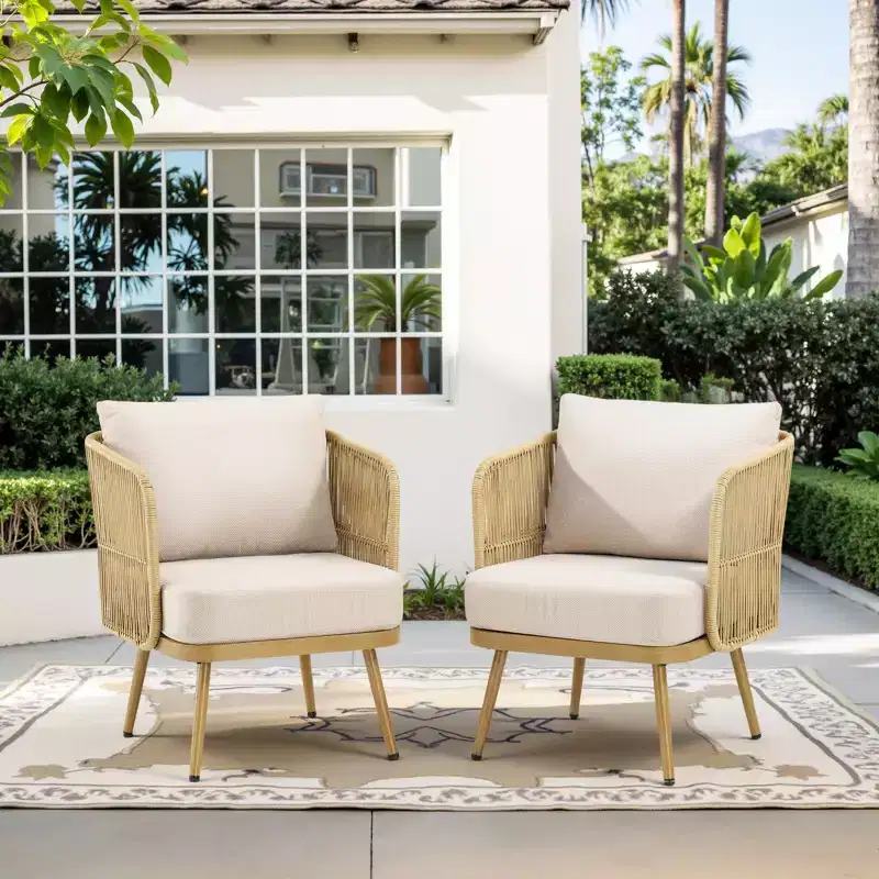 GDFStudio Calista Boho Wicker Barrel Outdoor Accent Chair Set with Cushions (Set of 2)