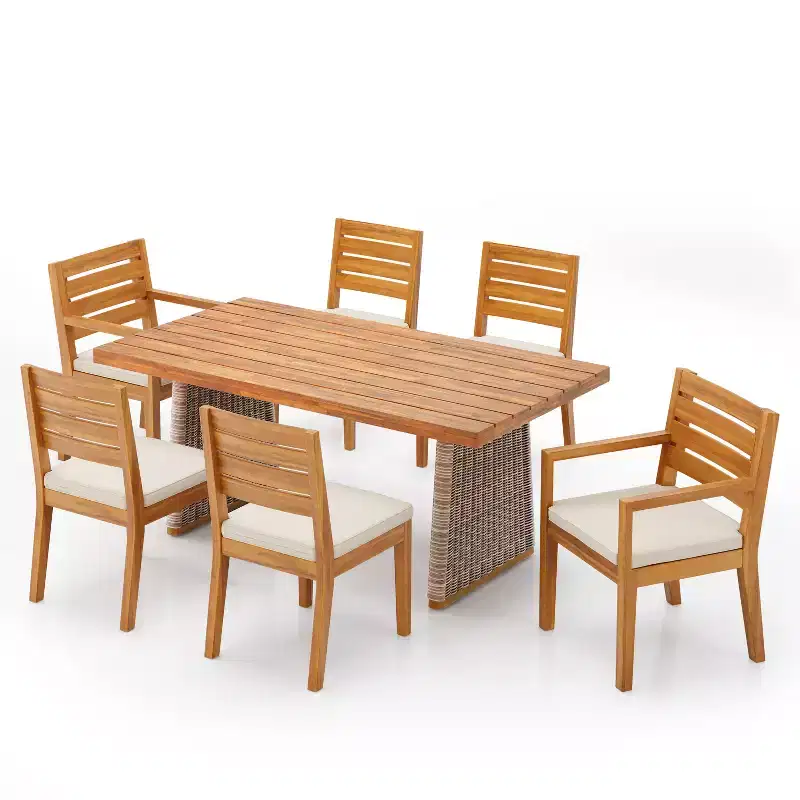 Christopher Knight Home Juliette Rustic 7 Piece Outdoor Rattan Acacia Wood Slatted Dining Set with Cushions