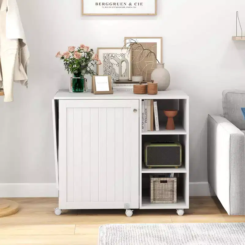 Costway Folding Sewing Table with Storage Shelves 2 Storage Bins & 18 Pegs Lockable Casters