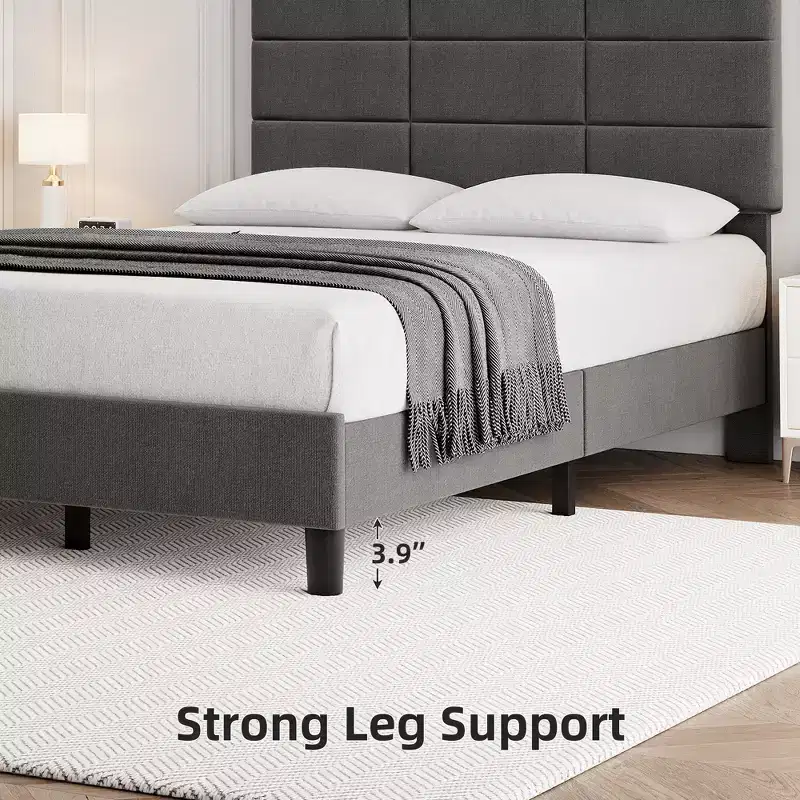 Modern Platform Bed Frame, Linen Upholstered Bed Frame with Adjustable Height Headboard and Strong Wooden Slats, No Box Spring Needed