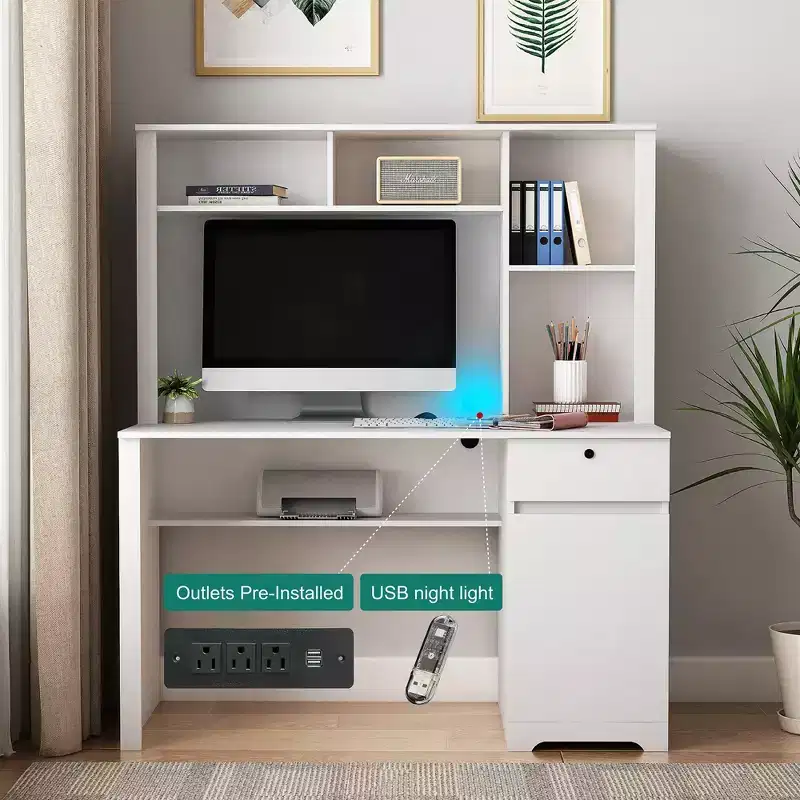 Computer Desk, Suitable For Teenagers, Students, Writing, laptops, and Home Use, With Drawers, 3 AC Outlets, and 2 USB Charging Ports.