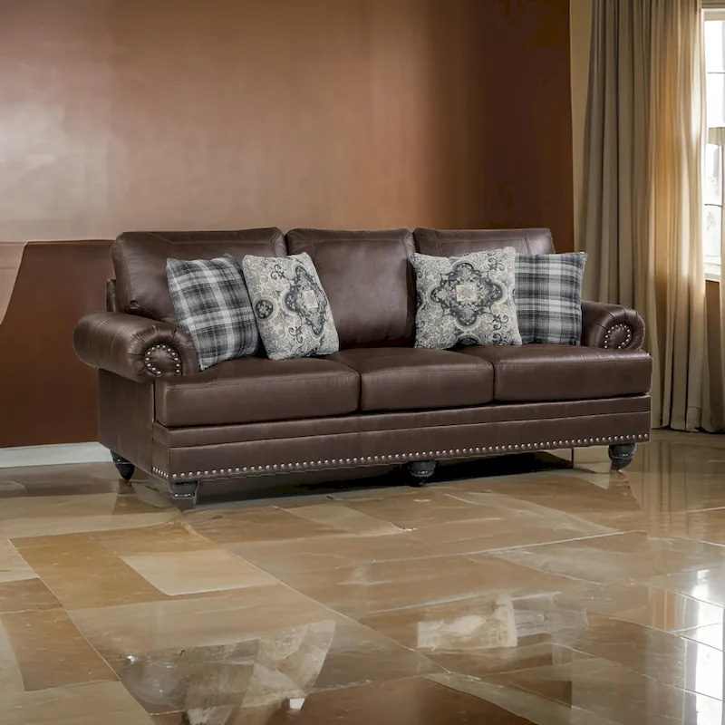 98 Inch Sofa, Rich Brown Microfiber, 4 Pillows, Soft Cushions, Wood