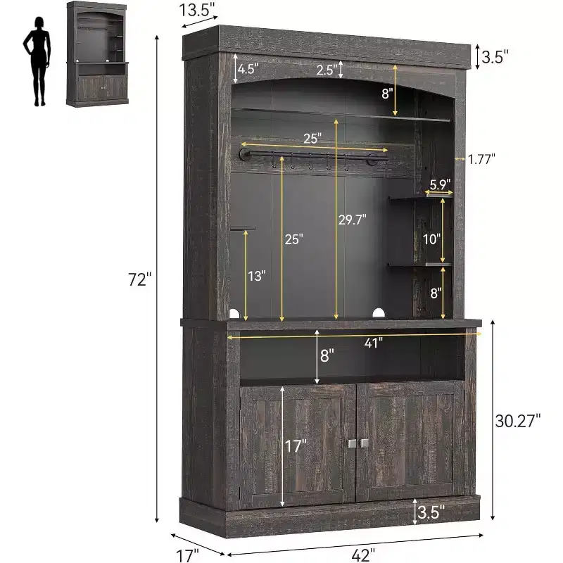 Acekool 72 Farmhouse Pantry Cabinet - Coffee Bar Station with 3-Color LED Lights, Ample Storage & S-Hooks for Kitchen, Dining Room