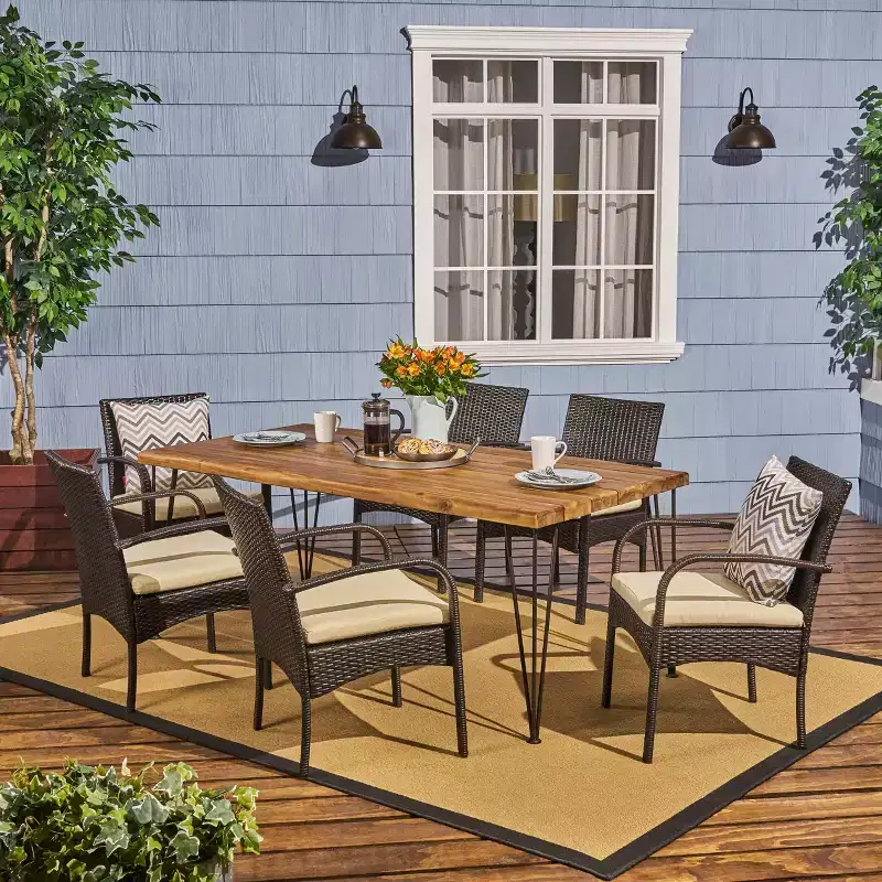 GDFStudio Santa Outdoor Wicker and Acacia Wood 7 Piece Dining Set with Cushion, Teak/Multibrown