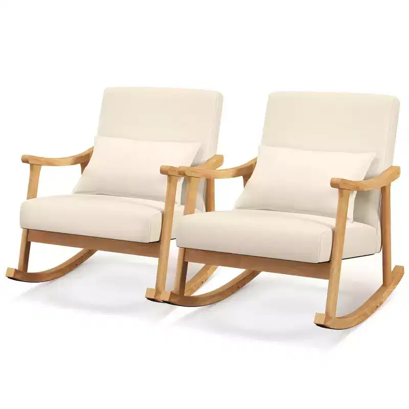 Costway 1/2 PCS Upholstered Rocking Chair with Pillow Rocking Armchair with Rubber Wood Frame Beige