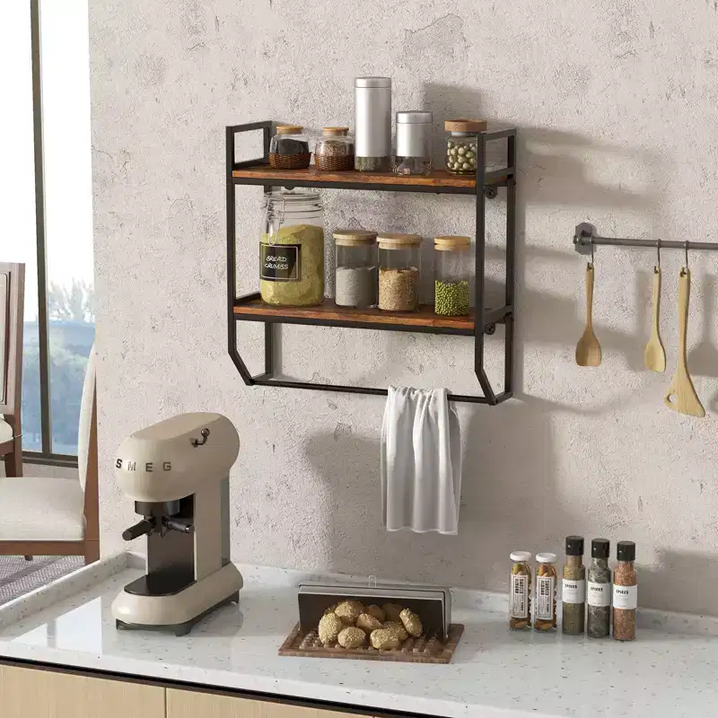 Metal 2-Tier Wall-Mounted Floating Shelf with Hanging Rod