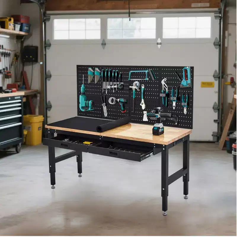 60 Inch Garage Workbench with Pegboard, Drawers & Power Outlets