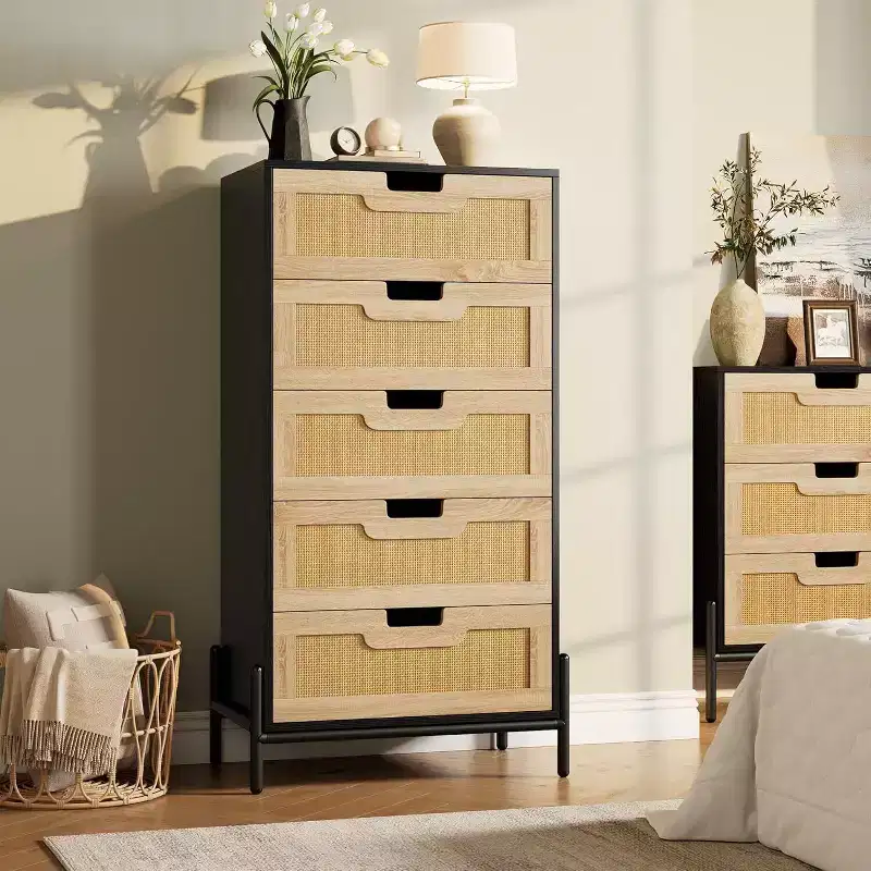 Natural Rattan 5 Drawer Dresser, Wooden Chest of Drawer, Farmhouse Storage Cabinet with Metal Legs, Modern Dresser for Bedroom, Living Room