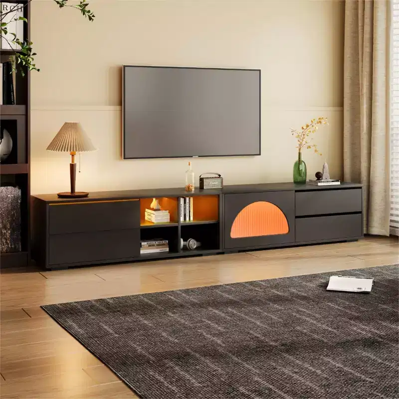 MAYEERTY Modern TV Stand for 100 TVs - Fluted Glass Door, LED Lights, Sliding Door, 2 Drawers, White
