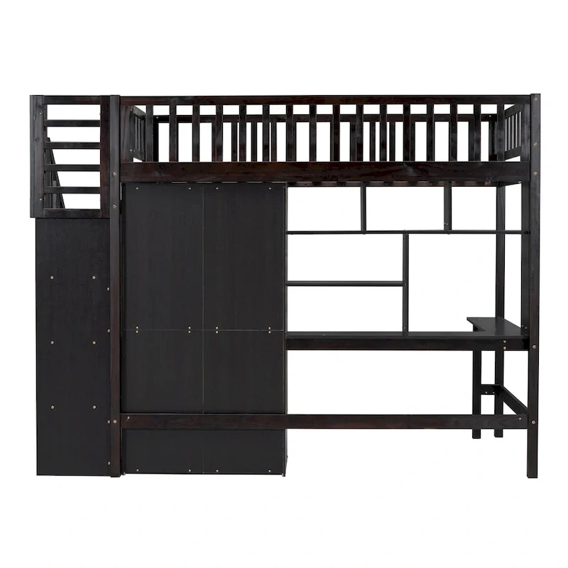 Twin Pine Loft Bed with Bookshelf, Drawers, Desk, Wardrobe, and Stairs