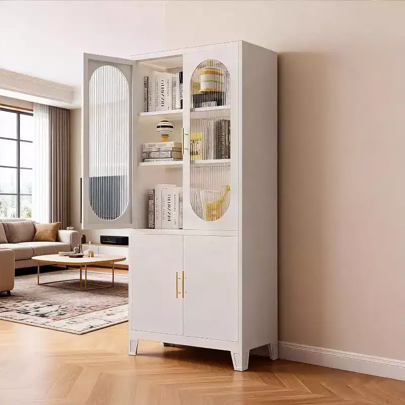Storage Cabinet with Fluted Glass Doors, 71 Metal Accent Pantry for Kitchen, Dining Room Food Storage Cabinet, Modern Kitchen Cupboard