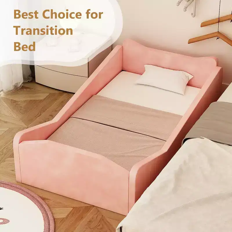 Toddler Floor Bed with Safety Guardrail and Animal Ear Shapes, Pink