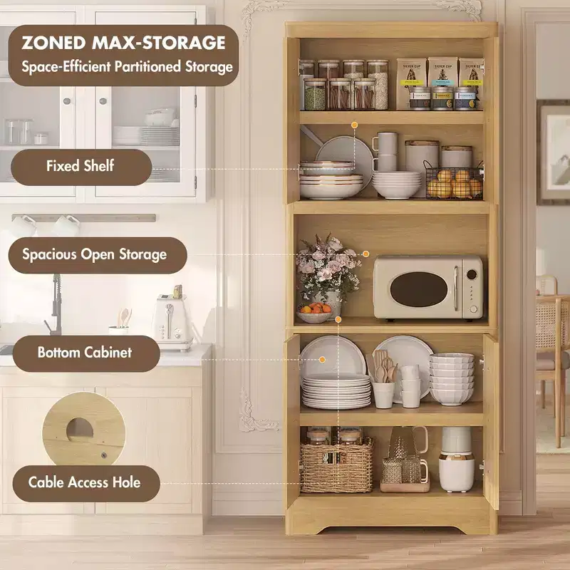 Beige/Brown/White Freestanding Pantry Cabinet, 4-Door Wooden Storage Hutch with Countertop, Carved Door & Crystal Handle