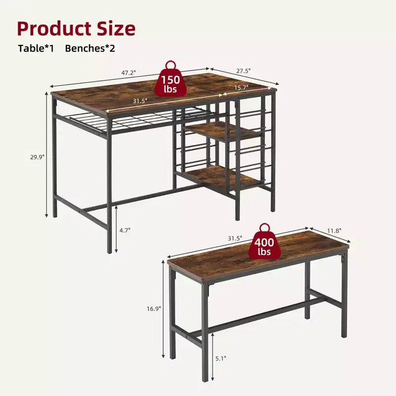 Dining Table Set for 4,Kitchen Table with 2 Benches,Wine Rack and Storage Shelf, Rectangular Dining Room Table Set,3 Piece Dining Table Set for Space